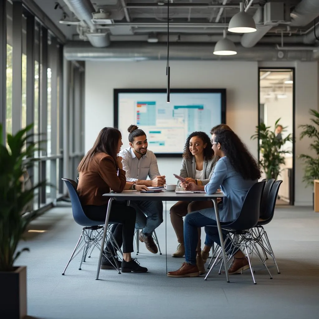 Modern office interior with collaborative team for About Us page banner